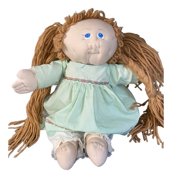 Hand Crafted Other - Vtg 80s Handmade Soft Sculpture Cabbage Patch Kid Style Girl Blue Eyes Dress 18”